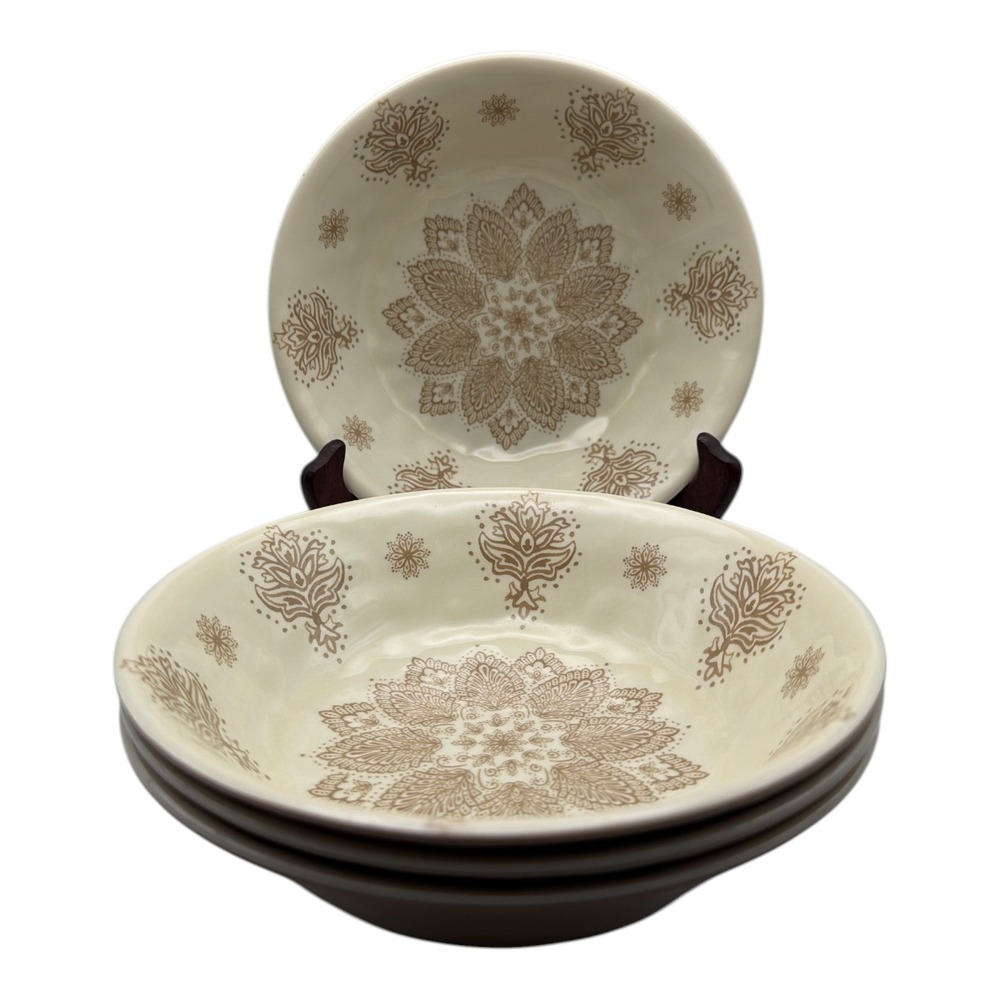 Target Home Melamine 7.5" Soup Bowl Set of 4 Tan Cream Medallion EUC